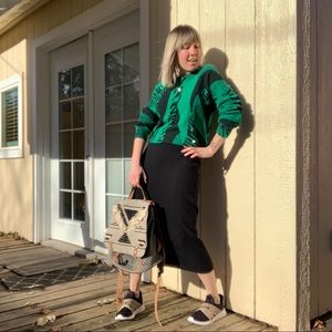 80s/90s Wool Angora Abstract Print Sweater & Skirt